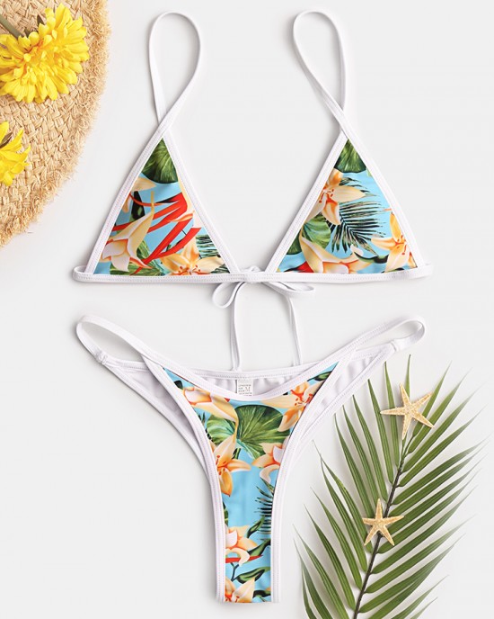 Women Tropical Print Triangle String Hot Swimwear Backless Bikini Women Tropical Print Triangle String Hot Swimwear Backless Bikini