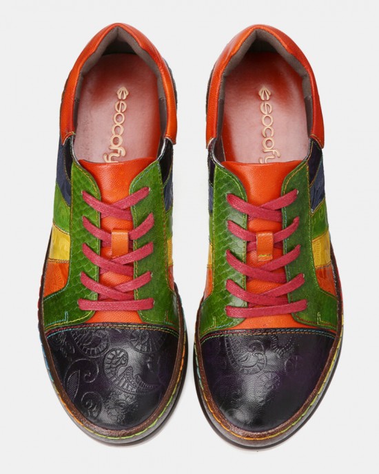 Casual Lace Up Rainbow Print Stitching Loafers Shoes Women’s Leather Comfy Flats Casual Lace Up Rainbow Print Stitching Loafers Shoes Women’s Leather Comfy Flats