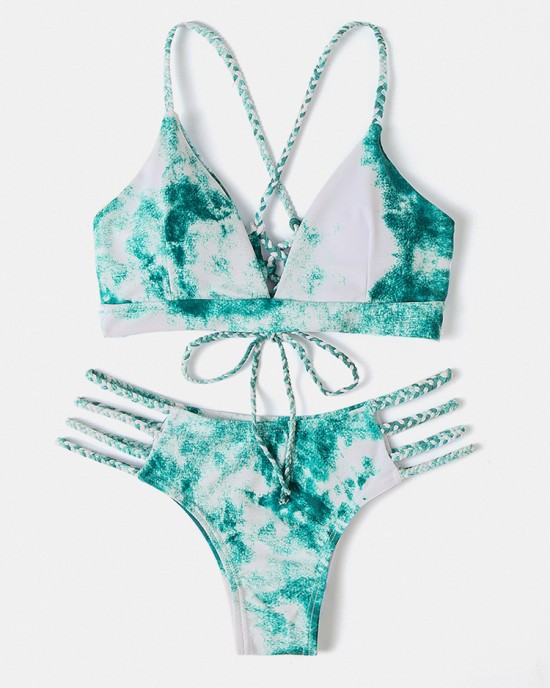 Women Tie Dye Criss Cross Back Bandage Backless High Fork Bikini Women Tie Dye Criss Cross Back Bandage Backless High Fork Bikini