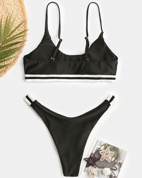 Women Striped Trim Swimwear Thong Bikinis Women Striped Trim Swimwear Thong Bikinis