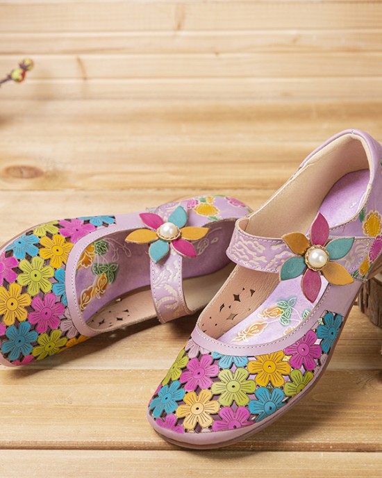 SOCOFY Natural Flowers Hollow Out Cowhide Leather Comfy Breathable Wearable Casual Flat Shoes SOCOFY Natural Flowers Hollow Out Cowhide Leather Comfy Breathable Wearable Casual Flat Shoes