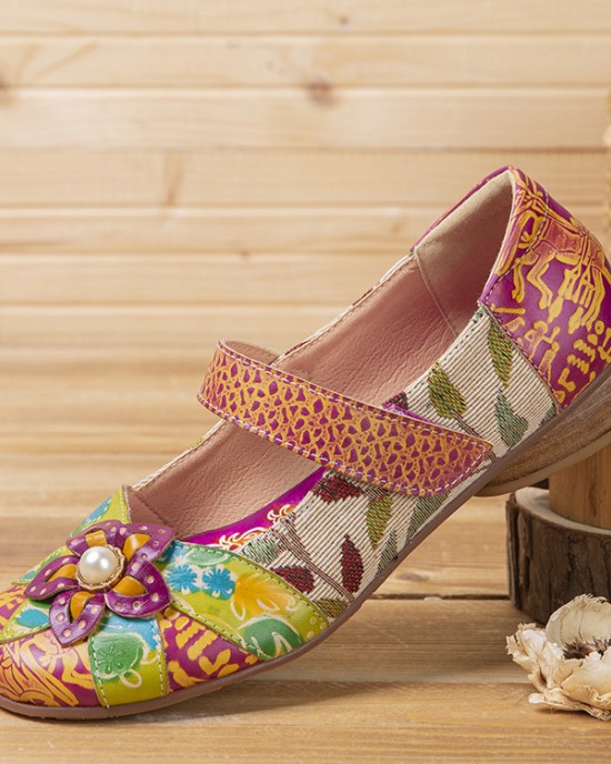 SOCOFY Retro Flower Decor Printed Cowhide Leather Stitching Cloth Comfy Round Toe Casual Flat Shoes SOCOFY Retro Flower Decor Printed Cowhide Leather Stitching Cloth Comfy Round Toe Casual Flat Shoes