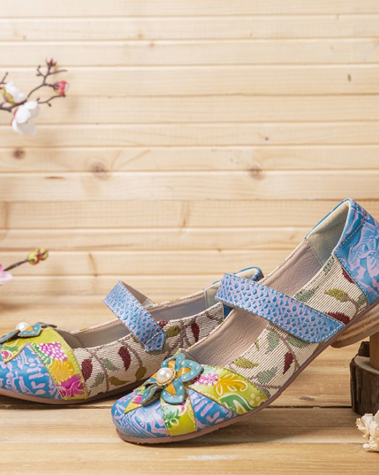 SOCOFY Retro Flower Decor Printed Cowhide Leather Stitching Cloth Comfy Round Toe Casual Flat Shoes SOCOFY Retro Flower Decor Printed Cowhide Leather Stitching Cloth Comfy Round Toe Casual Flat Shoes