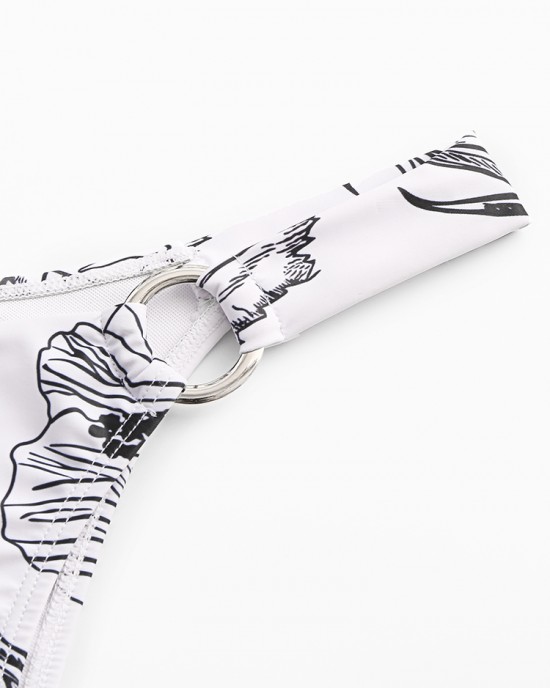 Women Simple Plant Print Hollow Ring Backless Swimsuit Thong Bikini For Swimming Women Simple Plant Print Hollow Ring Backless Swimsuit Thong Bikini For Swimming