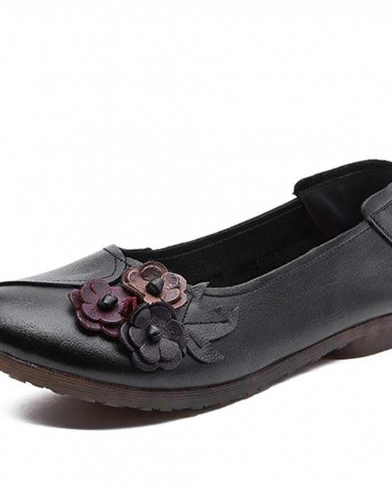 Women Vintage Floral Round Toe Genuine Leather Soft Sole Slip On Comfy Flats Women Vintage Floral Round Toe Genuine Leather Soft Sole Slip On Comfy Flats