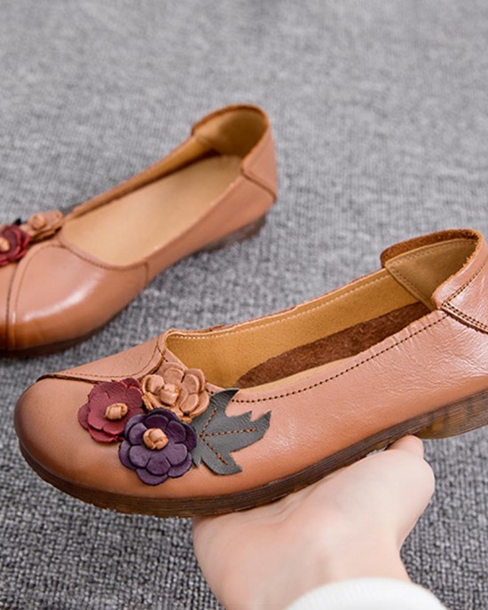 Women Vintage Floral Round Toe Genuine Leather Soft Sole Slip On Comfy Flats Women Vintage Floral Round Toe Genuine Leather Soft Sole Slip On Comfy Flats