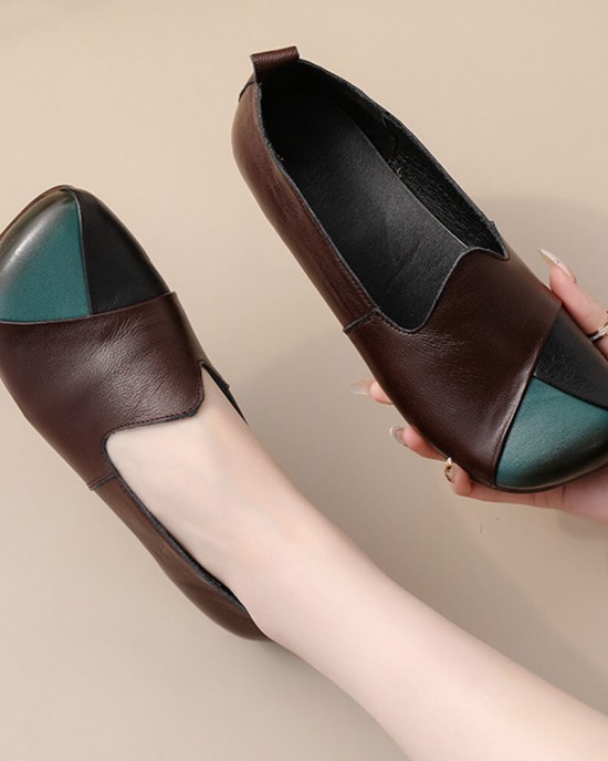 Women Casual Retro Colorblock Genuine Leather Soft Comfortable Lazy Flat Shoes Women Casual Retro Colorblock Genuine Leather Soft Comfortable Lazy Flat Shoes