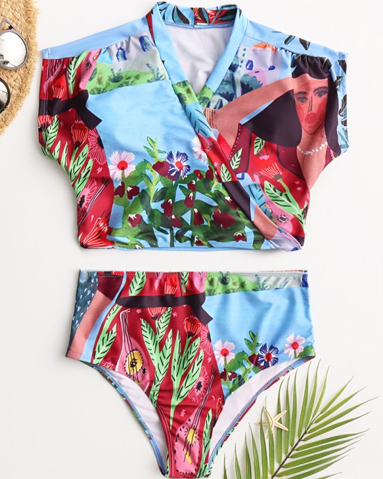 Women Tropical Leaves Print Swimsuit String Short Sleeve High Waist Bikini Women Tropical Leaves Print Swimsuit String Short Sleeve High Waist Bikini