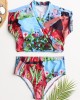 Women Tropical Leaves Print Swimsuit String Short Sleeve High Waist Bikini Women Tropical Leaves Print Swimsuit String Short Sleeve High Waist Bikini