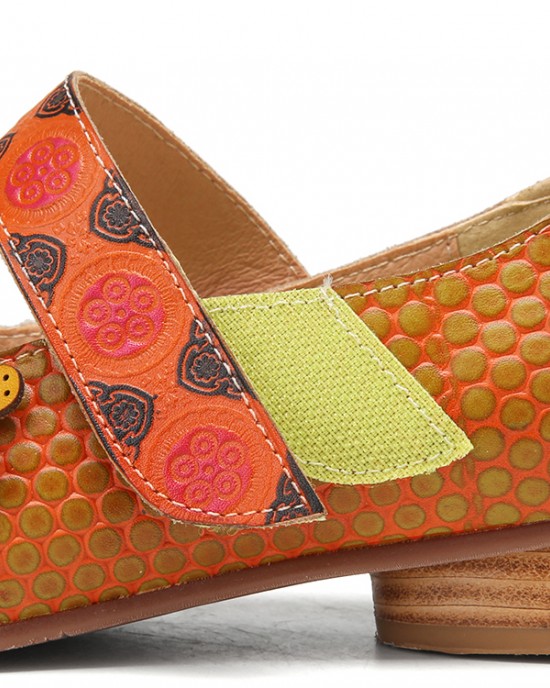 SOCOFY Flowers Decor Dot Printed Cowhide Leather Retro Ankle Strap Hook Loop Comfy Casual Flat Shoes SOCOFY Flowers Decor Dot Printed Cowhide Leather Retro Ankle Strap Hook Loop Comfy Casual Flat Shoes