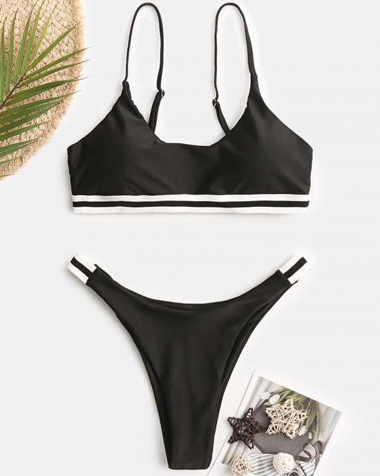 Women Striped Trim Swimwear Thong Bikinis Women Striped Trim Swimwear Thong Bikinis