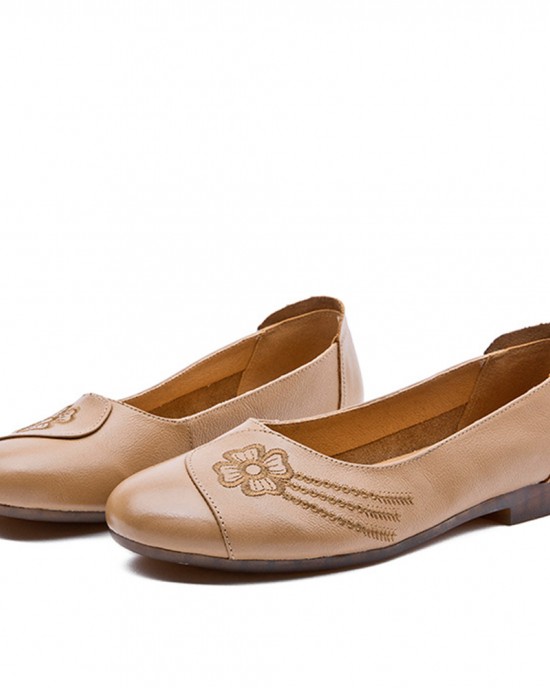 Women Brief Floral Pattern Cowhide Leather Round Toe Soft Sole Comfy Slip On Flats Women Brief Floral Pattern Cowhide Leather Round Toe Soft Sole Comfy Slip On Flats