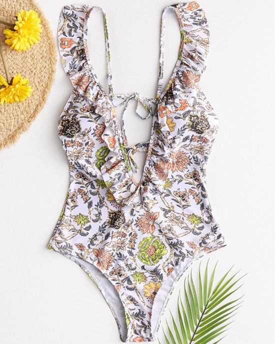 Women Design Floral Print String Ruffles Straps One Piece Backless Swimwear Women Design Floral Print String Ruffles Straps One Piece Backless Swimwear