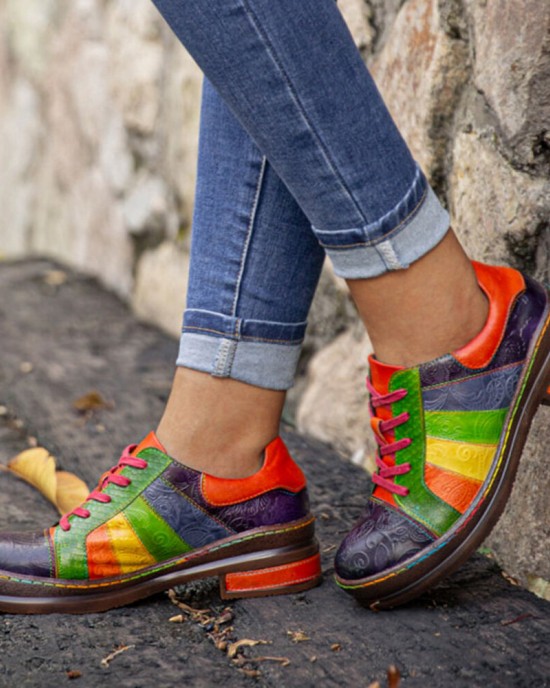 Casual Lace Up Rainbow Print Stitching Loafers Shoes Women’s Leather Comfy Flats Casual Lace Up Rainbow Print Stitching Loafers Shoes Women’s Leather Comfy Flats