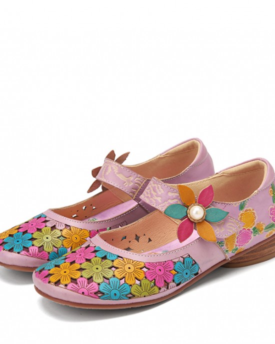 SOCOFY Natural Flowers Hollow Out Cowhide Leather Comfy Breathable Wearable Casual Flat Shoes SOCOFY Natural Flowers Hollow Out Cowhide Leather Comfy Breathable Wearable Casual Flat Shoes
