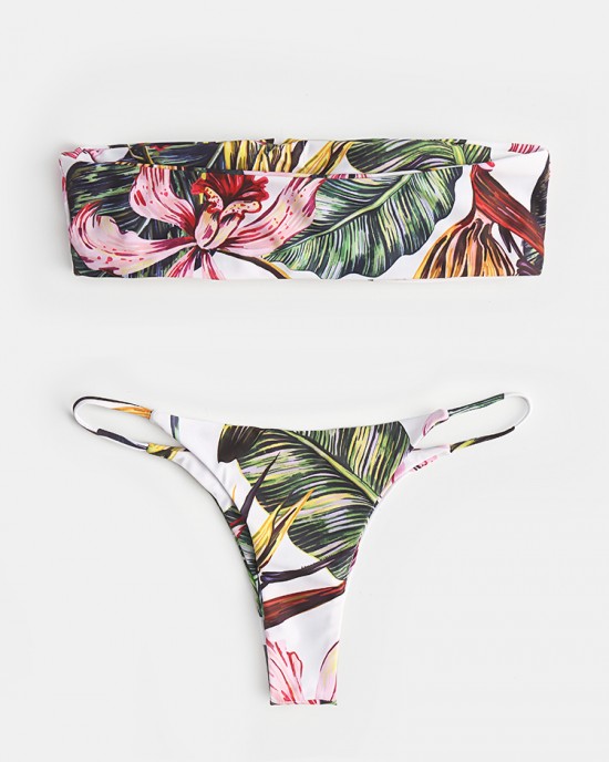 Women Tropical Print Bandeau Bikini Thong Backless Swimsuit Women Tropical Print Bandeau Bikini Thong Backless Swimsuit