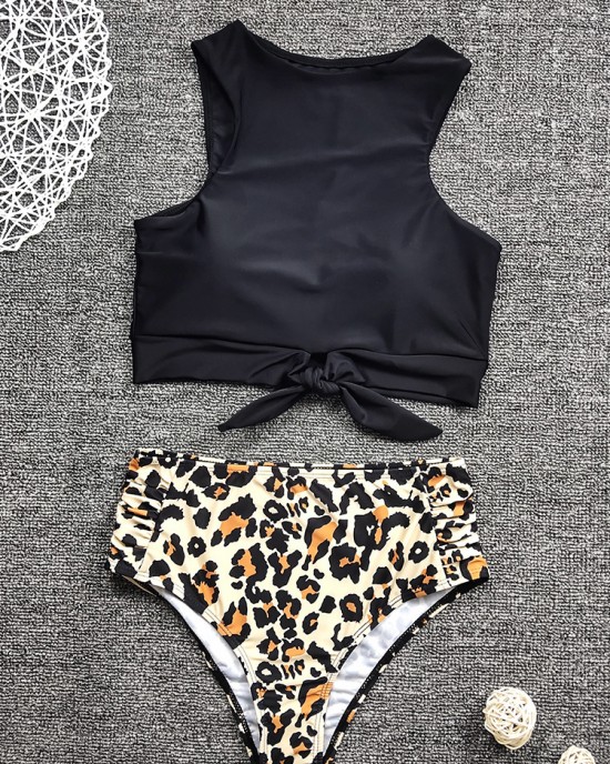 Women Leopard Print Tie Front High Neck Hot High Waist Bikini Women Leopard Print Tie Front High Neck Hot High Waist Bikini