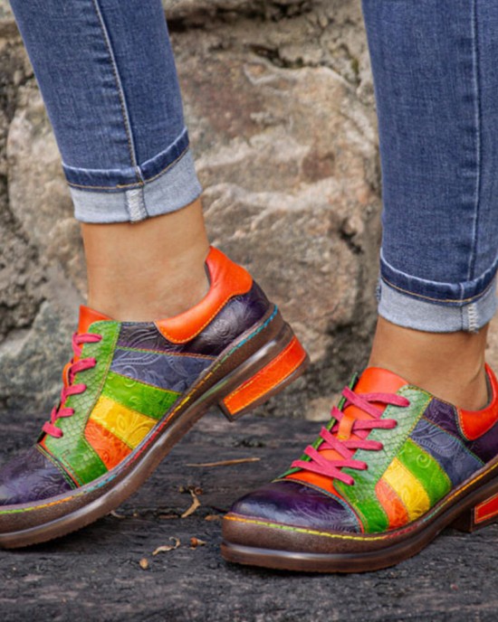 Casual Lace Up Rainbow Print Stitching Loafers Shoes Women’s Leather Comfy Flats Casual Lace Up Rainbow Print Stitching Loafers Shoes Women’s Leather Comfy Flats