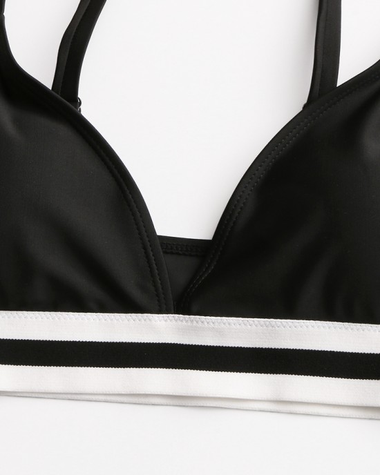 Women Striped Trim Spaghetti Straps Backless Bikini Thong Swimsuit Women Striped Trim Spaghetti Straps Backless Bikini Thong Swimsuit