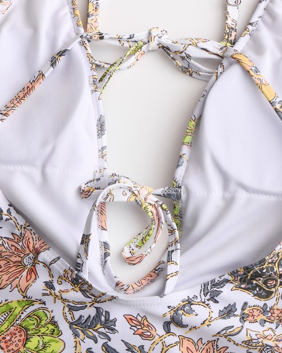 Women Design Floral Print String Ruffles Straps One Piece Backless Swimwear Women Design Floral Print String Ruffles Straps One Piece Backless Swimwear